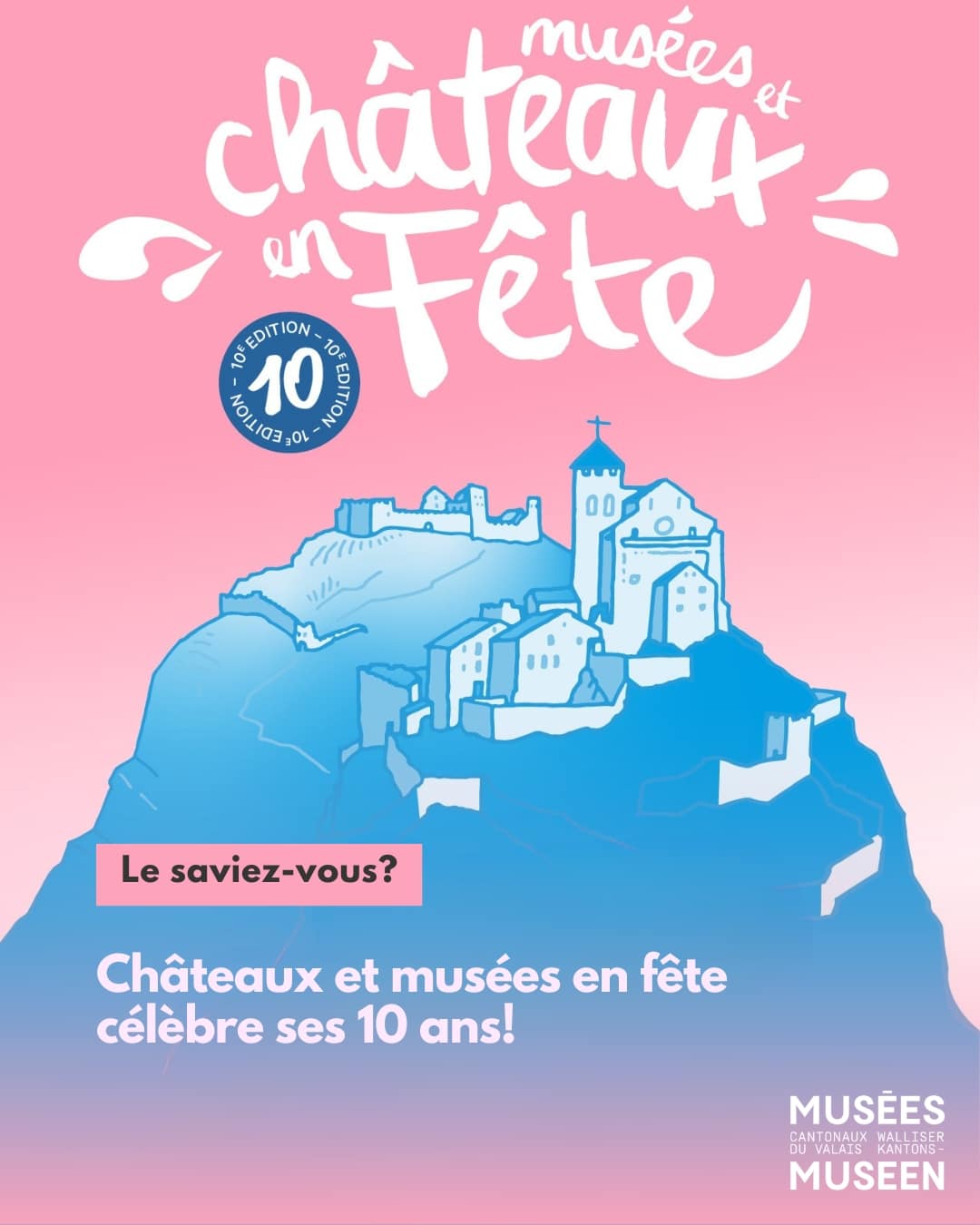 Le saviez-vous L'événement incontournable des collines de Sion revient cette année dimanche prochain le 18 mai 2025! 🎂Rendez-vous dès 16h00 sur la Place de la Majorie, pour assister au concert de Snake Doctor et célébrer avec nous cette 10ème édition autour d’un goûter d’anniversaire !🥳 Une journée festive, totalement gratuite, où les partenaires des collines vous accueillent avec un programme toujours plus foisonnant! Organisée par le chapitre de la Cathédrale · les Musées cantonaux du Valais · les Amis de Valère · l'office du Tourisme de Sion · Le festival International de l’Orgue de Valère · le service immobilier et patrimoine et Fondation du Château de Tourbillon, il y en a pour tous les goûts et pour tous les âges. Faites votre programme sur : https://www.chateauxenfete.ch @visitsion @orguevalere Amis de valère @orguevalere@orguevalere @Service immobilier et patrimoine / Etat du Valais @Fondation de Tourbillon #museescantonauxduvalais #museedartduvalais #museedelanatureduvalais #museedhistoireduvalais